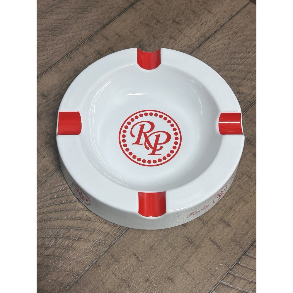 Rocky Patel Cigar Ashtray Red And White Ceramic Logo Retro Large 8.5"‎ Vintage